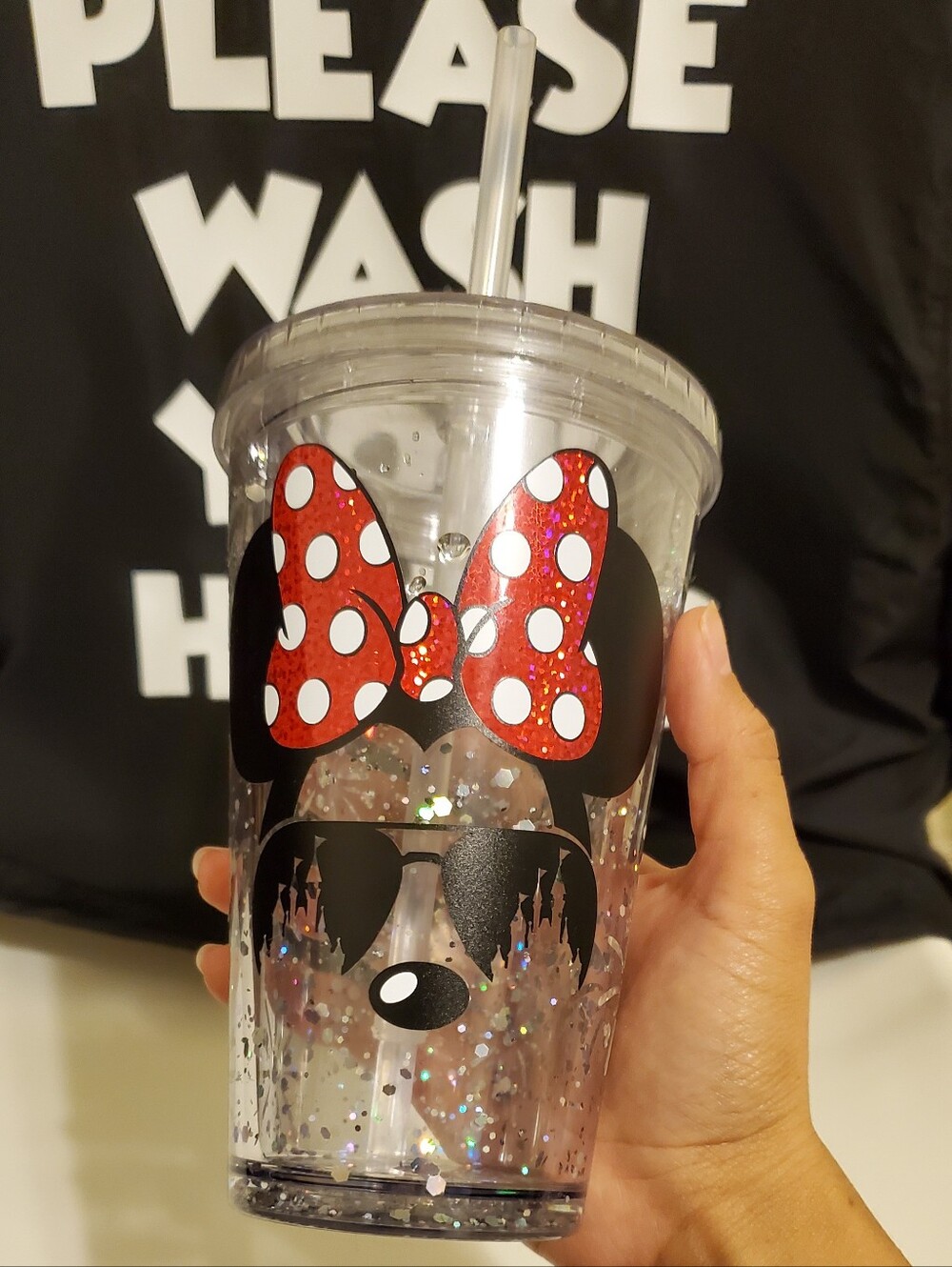 Snow Globe Glitter Minnie Mouse-Style Red Bow Double-Wall Tumbler with Straw